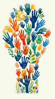 Colorful watercolor tree made of diverse human hands with green leaves, symbolizing community growth, unity and environmental care on light background.