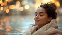 Young African American woman with closed eyes and gentle smile wearing cozy fleece jacket against blurred golden bokeh lights and water reflections at dusk.