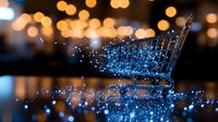 Shopping cart illuminated by magical blue sparkles and bokeh lights against dark background, creating dreamy atmosphere for retail and commerce concepts.