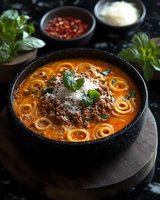 Hearty tortellini soup with ground meat in rich tomato broth, topped with grated parmesan and fresh basil. Served in black bowl on wooden board with garnishes.