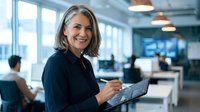 Professional middle-aged Caucasian businesswoman smiling while holding tablet in modern office workspace with colleagues working in background.