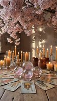 Mystical fortune telling setup with tarot cards, crystal balls, burning candles and pink cherry blossoms creating atmospheric divination scene for spiritual practices.