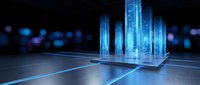 Futuristic digital data center with glowing blue server towers and holographic light beams on reflective floor for technology presentations.