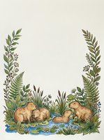Capybara family relaxing by pond surrounded by lush green foliage and ferns creating natural botanical frame for text or design elements.