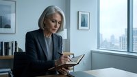 Senior businesswoman with gray hair wearing dark blazer writing notes in office with city skyline view, suitable for corporate, leadership, and professional business concepts.