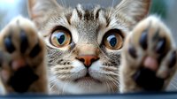 Close up portrait of playful tabby cat with bright blue eyes and raised paws showing black paw pads against blurred background. Funny pet photography.