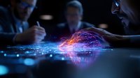 Glowing digital network visualization on dark table with business people in background discussing technology strategy and innovation solutions.