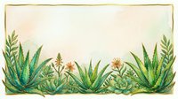 Watercolor aloe vera botanical frame with succulents and wildflowers, golden border, soft pastel background with copy space for text.
