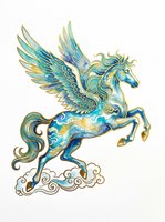 Mythical winged horse with ornate gold and turquoise detailing, isolated on transparent background. Ready for t-shirt design, clipart, stickers, sublimation, and print-on-demand projects.