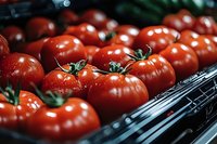 Fresh ripe red tomatoes displayed in grocery store basket, organic produce section with vibrant healthy vegetables for cooking and nutrition.