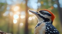 Great spotted woodpecker close-up portrait with blurred bokeh background and sunlight. Red crest feathers and distinctive black and white pattern visible in natural habitat.