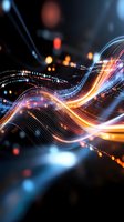 Abstract glowing waves with light particles flowing on dark background, featuring orange and blue luminous streaks creating dynamic motion effect.