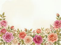 Floral border arrangement with pink, coral, and cream roses with green foliage on cream background, isolated for invitations, cards, and design projects.