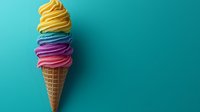 Colorful layered ice cream cone with yellow, purple and pink scoops against turquoise background. Minimalist summer dessert composition with strong shadows.