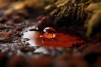 Macro photography of water drop reflecting autumn colors on red surface with dark moody background and dried plant details creating atmospheric nature scene.