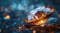 Sparkling amber diamond on dark surface with magical bokeh lights and glowing sparkles creates mystical luxury atmosphere for jewelry advertising.