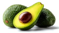 Fresh ripe avocados with one cut in half showing smooth yellow-green flesh and brown seed against white background, isolated for food photography.