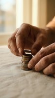 Close-up of male hands stacking coins on wooden surface near window, representing savings, financial growth, and money management for business and personal finance concepts.