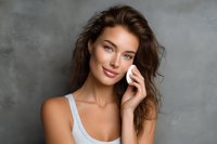 Young woman with wavy brown hair applying makeup with cotton pad against gray background, showcasing natural beauty skincare routine.