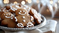 Freshly baked gingerbread men cookies decorated with white icing smiles on vintage silver plate, festive bokeh lights background creates cozy holiday atmosphere.