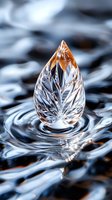 Crystal clear teardrop-shaped gem with intricate leaf pattern floating on rippling water surface, illuminated by warm golden light creating magical reflections.