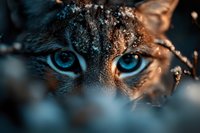 Close up view of intense blue eyes of wild cat with snow flakes on fur, dramatic lighting creates mysterious atmosphere in dark winter forest setting.