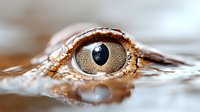 Extreme macro photography of reptilian eye emerging from water surface with detailed view of scaled skin, pupil, and iris texture. Artistic nature photography.