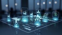 Digital technology holographic interface with business analytics icons floating above modern device in corporate office environment.