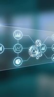 Digital business process automation with interconnected gears and analytics icons on teal background. Represents workflow optimization, data management, and operational efficiency for corporate solutions.