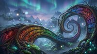 Magical spiral library with glowing books under aurora borealis sky. Fantasy reading sanctuary with mystical lighting and ethereal atmosphere for storytelling designs.