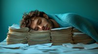Young caucasian man with curly hair sleeping on stack of paperwork documents at desk, covered with turquoise blanket in dark office with dramatic lighting.