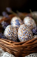 Decorative Easter eggs with delicate blue and brown floral pattern in wicker basket with lavender flowers, traditional folk art style painting on white eggshells.