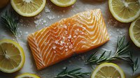 Fresh raw salmon fillet with sea salt, lemon slices and rosemary sprigs on gray stone background, top view. Healthy cooking concept.