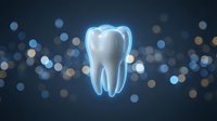 Glowing tooth with blue neon outline on dark background with bokeh lights for dental care and oral health concepts.