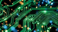 Glowing green circuit board pathways with blue and orange light particles flowing across electronic connections and microchip traces for technology and digital innovation concepts.