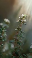 Fresh thyme herb plant with tiny white flowers bathed in soft morning light, showcasing aromatic culinary herb growing in garden.