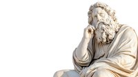 Classical marble sculpture of bearded elderly man in draped robes resting head on hand in contemplative pose against white background, ancient Greek or Roman art style.