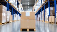 Cardboard boxes stacked on wooden pallet in modern warehouse interior with rows of storage racks. Focus on foreground package with blurred industrial background.
