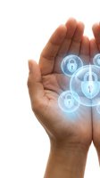 Open hand holding glowing digital padlock icons on white background, representing cybersecurity, data protection, and secure technology solutions for business.