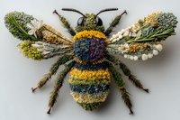 Embroidered bee brooch with colorful threads and beads on white background. Handcrafted textile art jewelry featuring yellow and blue striped insect design.
