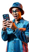Young Asian male, approximately 20s, wearing denim jacket and matching bucket hat with colorful neon phone case, excited expression while holding smartphone isolated on white background for tech and lifestyle design projects.
