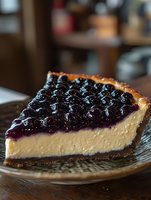 Creamy cheesecake slice topped with fresh blueberry compote on glass plate, showcasing rich texture and glossy berry topping against dark background.