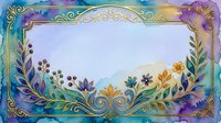 Watercolor floral frame with gold ornate border, purple and teal flowers, leaves on soft blue background, elegant card template for invitations.