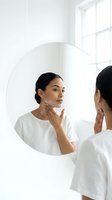 Woman with dark hair and medium skin tone applying skincare product to neck and jawline while looking in round mirror in bright bathroom with natural window light.