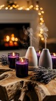 Purple lavender candles and aroma diffusers on rustic wood table by glowing fireplace with bokeh lights, cozy spa relaxation scene.