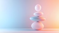 Balanced white stones stacked in zen arrangement on soft gradient background with pink and blue lighting creating peaceful minimalist composition.