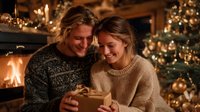 Happy couple exchanging Christmas gift by fireplace with decorated tree and warm holiday lights creating cozy festive atmosphere for seasonal celebrations.