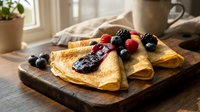 Golden crepes filled with berry jam and topped with fresh raspberries and blackberries on rustic wooden board for breakfast menu design.