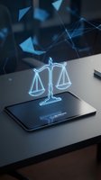 Digital justice scales hologram emerging from tablet screen representing legal technology, law firm innovation, and modern jurisprudence solutions.