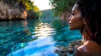 Young woman with wet hair in profile enjoying tranquil turquoise water at scenic lagoon surrounded by limestone cliffs during golden sunset light.